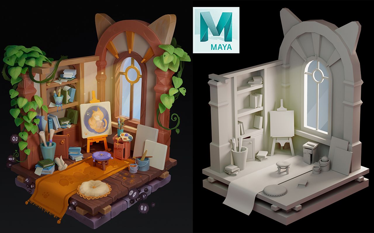 【maya】卡通场景温馨画室模型制作,布线,灯光,材质贴图与渲染超详细