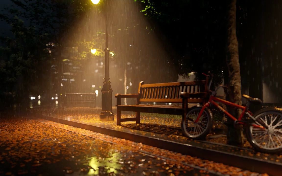 【白噪音】超长8小时丨下着雨的夜晚,很安静的公园,灯光下的长椅