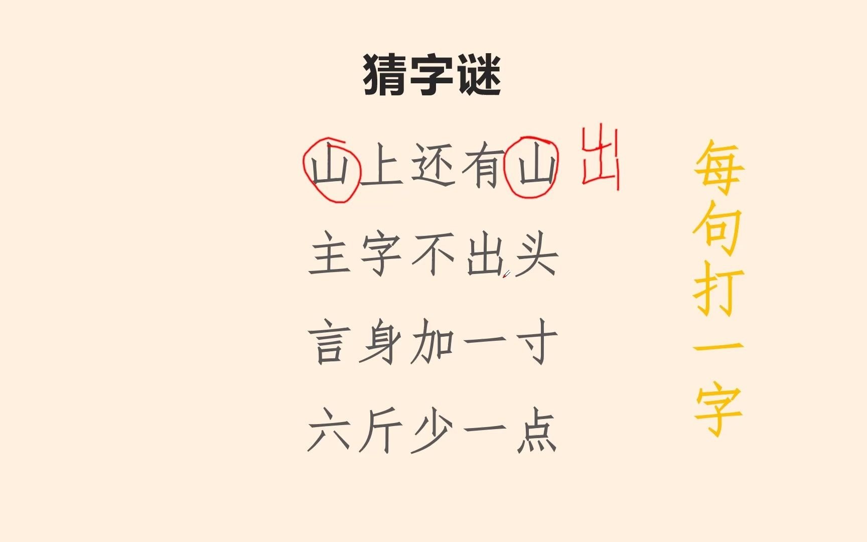 猜字谜,山上还有山、主字不出头、言身加一寸、六斤少一点、各打一字哔哩哔哩bilibili