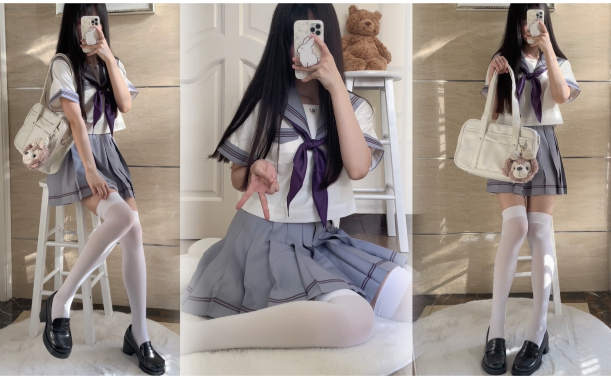 jk穿搭|紫色系水手服和过膝袜