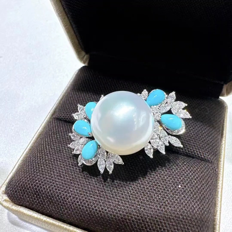 清新夏天的颜色澳白绿松石戒指不对称的设计13-14mm,冷皮透粉光,表皮