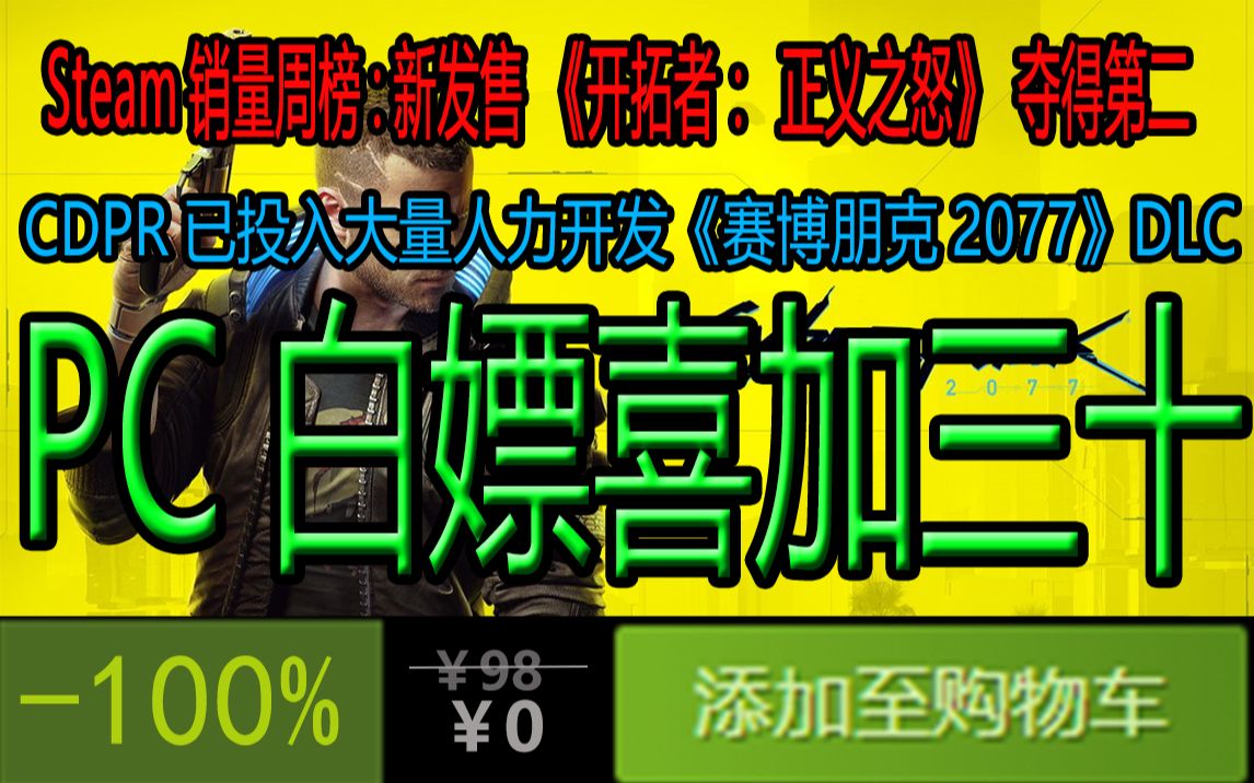 PC喜加三十;CDPR宣布有四分之一的人力投入开发《赛博朋克2077》DLC;Steam销量周榜,新发售《开拓者:正义之怒》夺得第二【Steam游戏速报】...