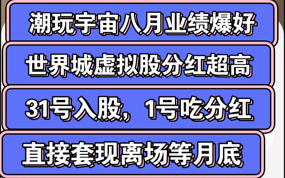 世界城的虚拟股非常香,潮玩宇宙八月业绩历史新高,31号买入,1号分红,直接套现!哔哩哔哩bilibili