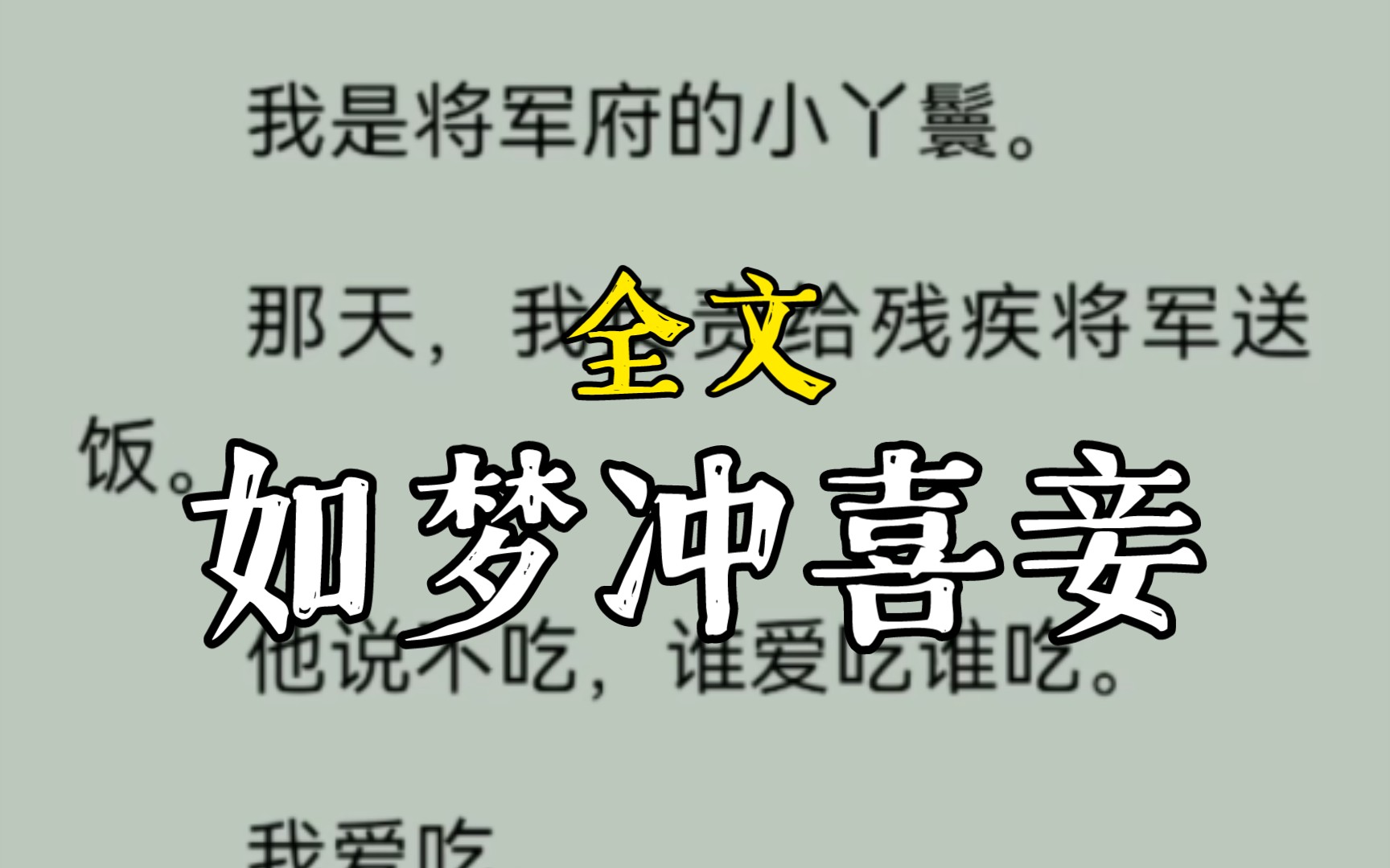 我是将军府的小丫鬟.那天,我负责给残疾将军送饭.他说不吃,谁爱吃谁吃.我爱吃.所以……我当着他的面,把他的饭菜全吃光了!.如梦冲喜妾完整版...