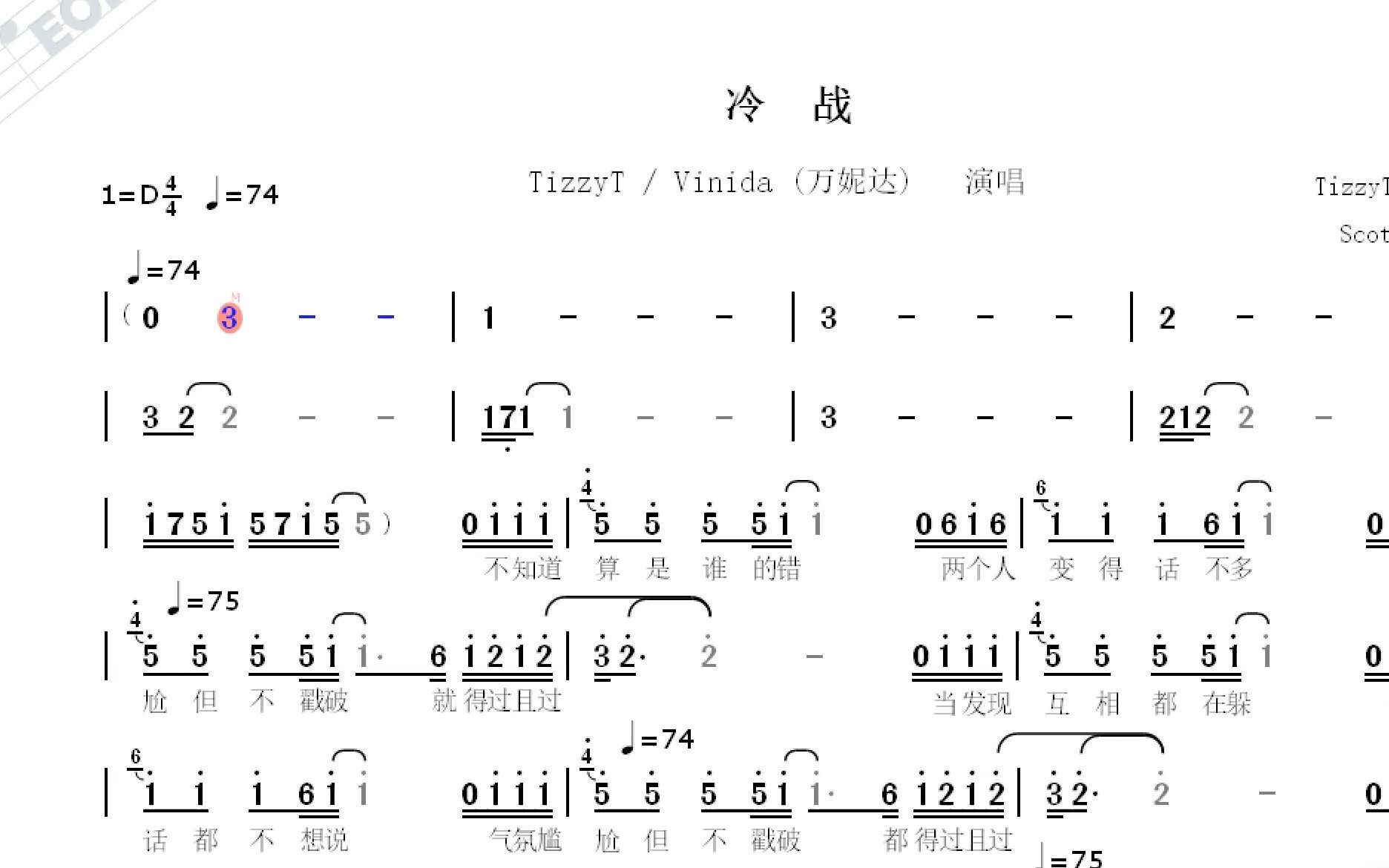 【网络热歌】冷战--tizzyt / vinida (万妮达)演唱--动态简谱