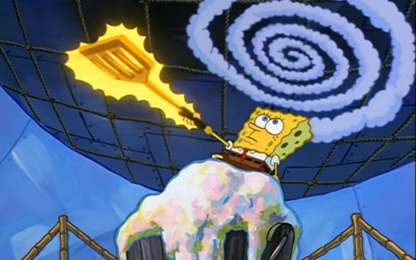 海绵宝宝拔出金铲铲,海神却考验他做一千个汉堡