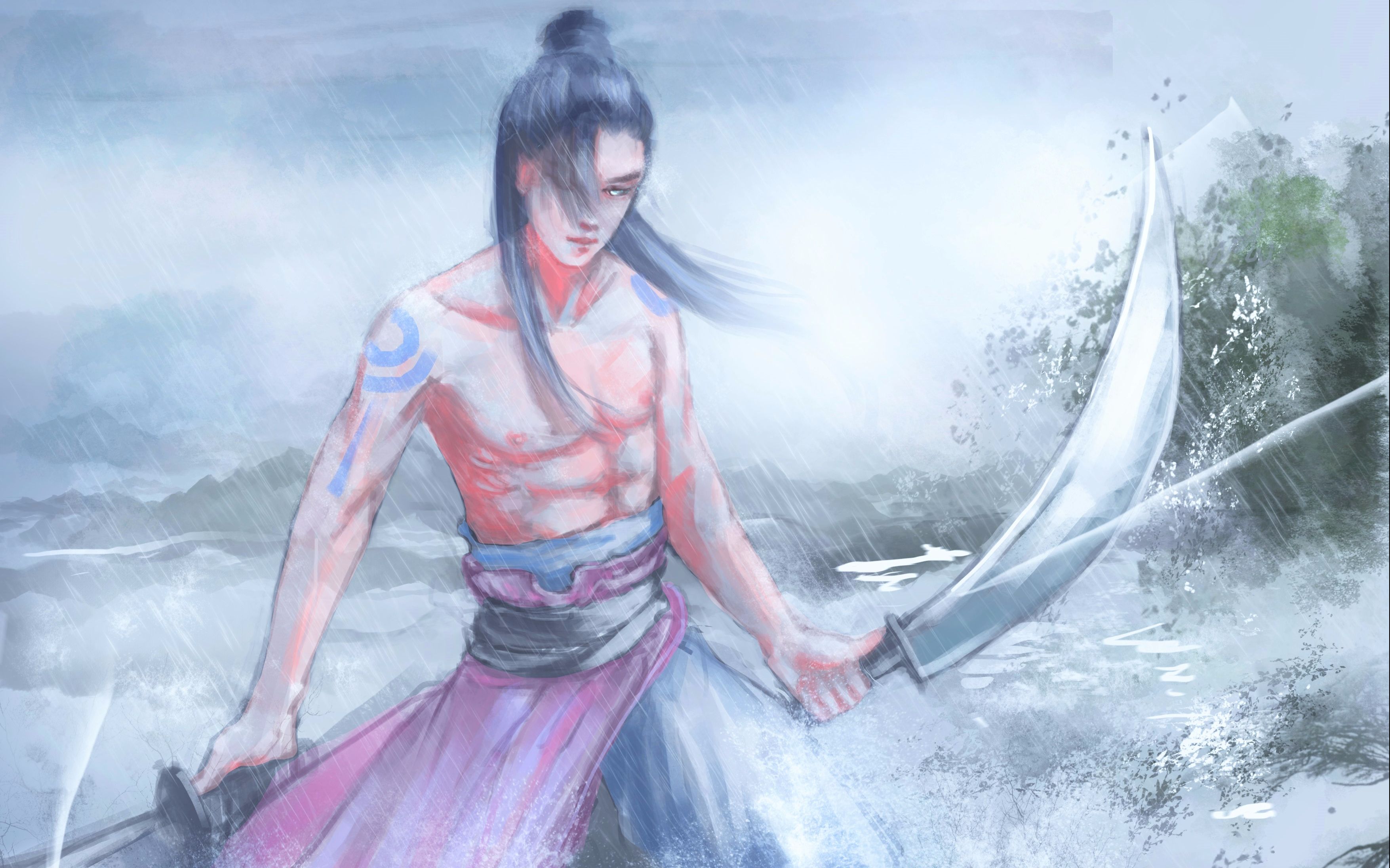 镇魂街同人燕青板绘过程上拿大砍刀的燕青