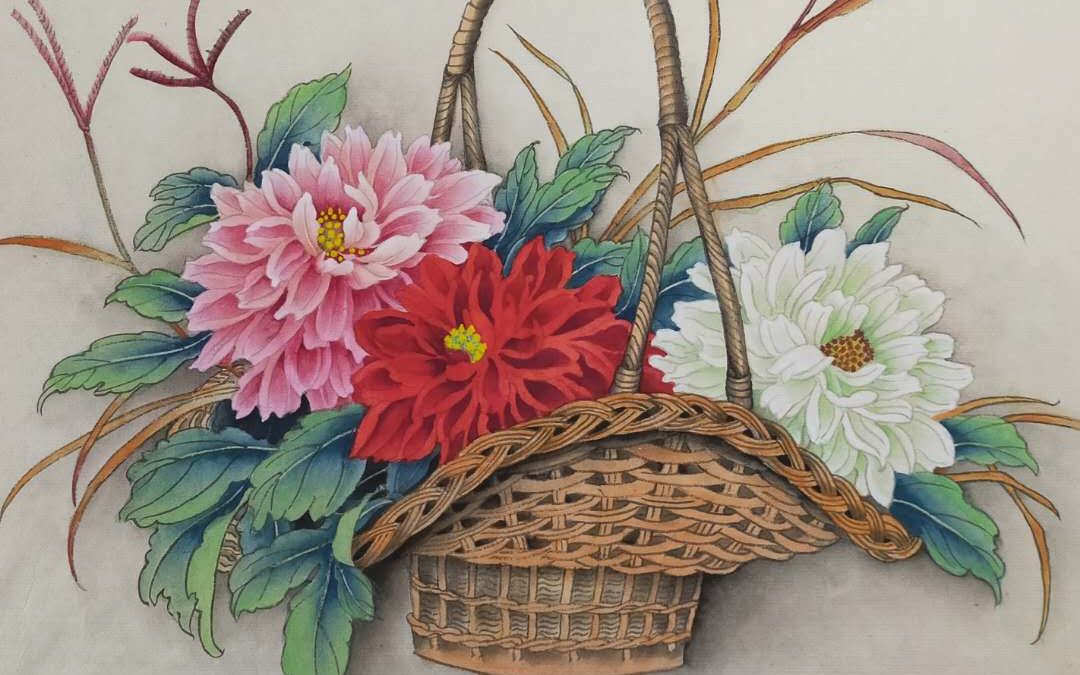 工笔国画一个花篮三朵花的绘画过程希望大家喜欢