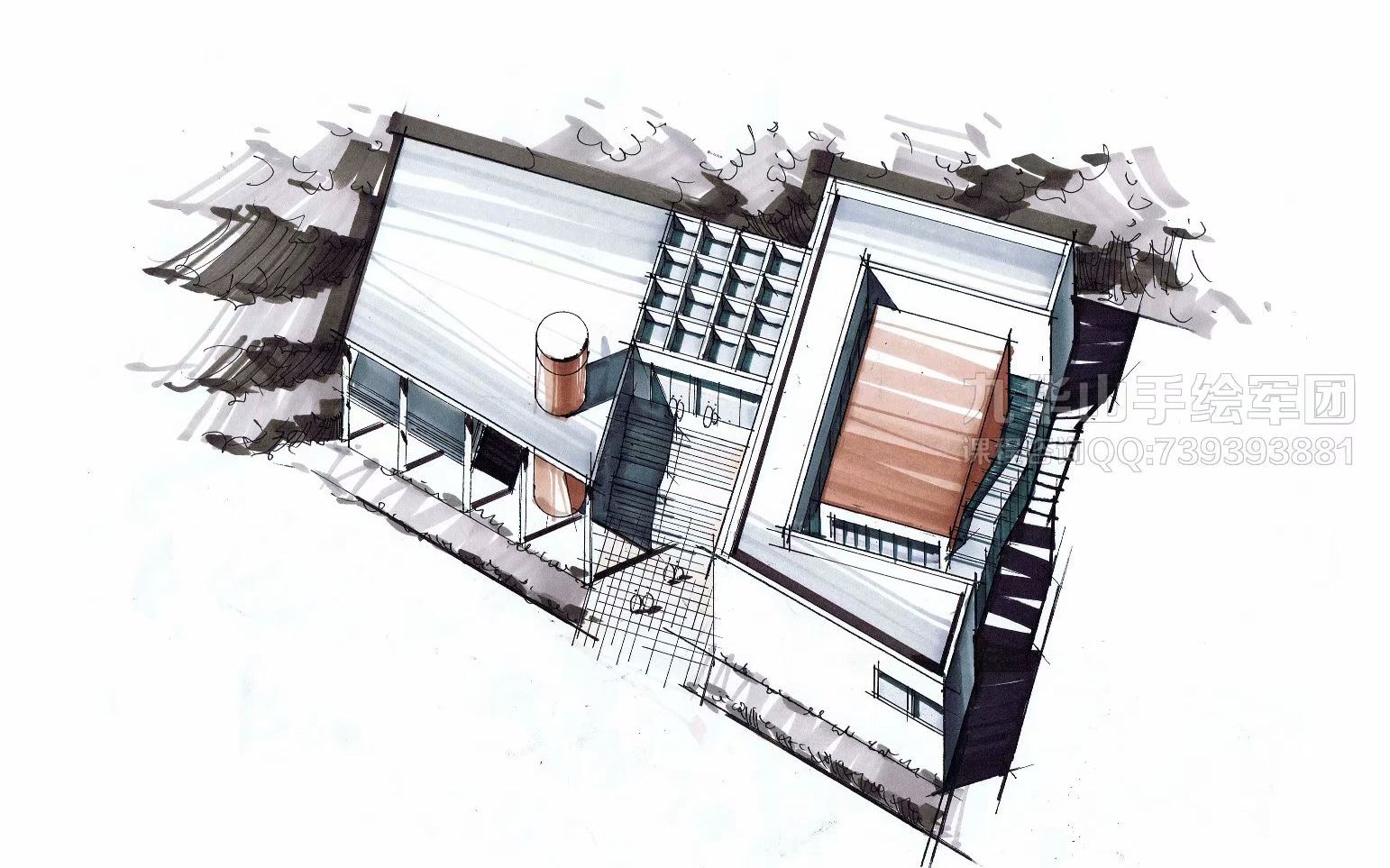 建筑工业厂房改造快题手绘轴侧图马克技法系列二