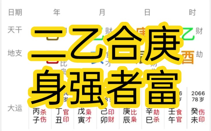 两个乙木爱上一个庚金,身强得富