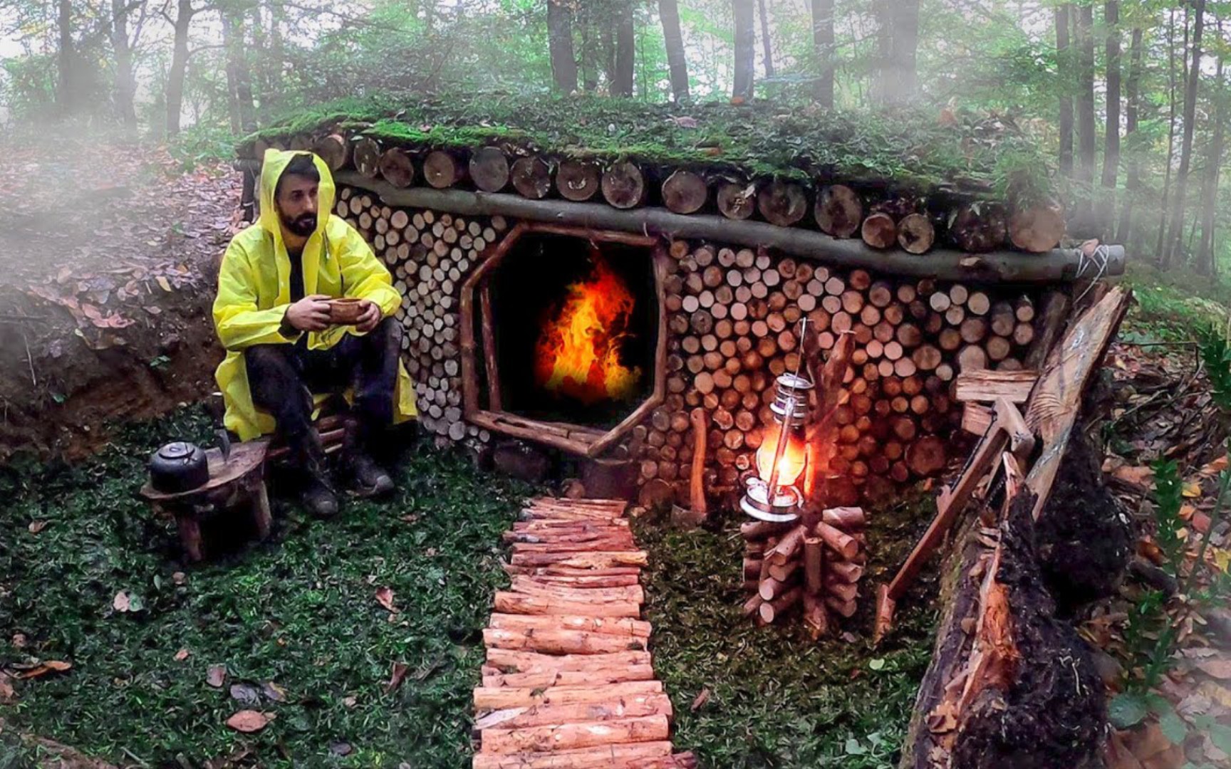 森林露营旅行过夜,点煤油灯,为庇护所木屋安装防雨帆布,制作户外椅子,采摘蘑菇充饥哔哩哔哩bilibili