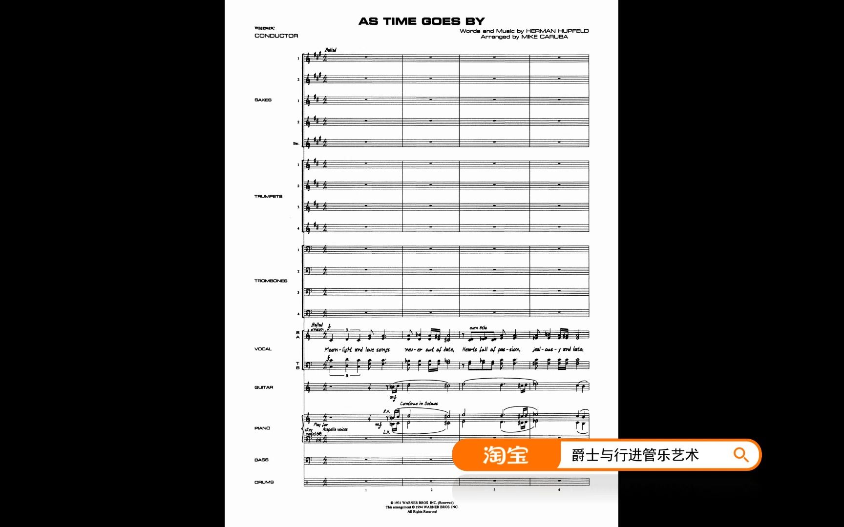 [图]随时光流逝 卡萨布兰卡 主题曲 As Time Goes By 爵士大乐队/Big Band/Jazz Band乐谱