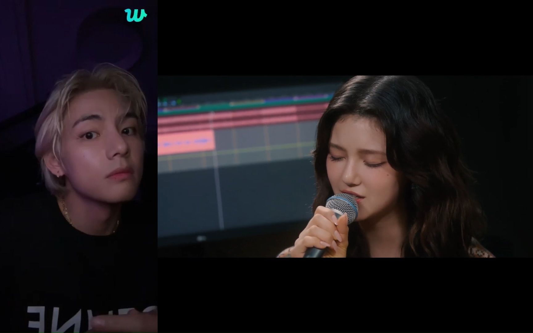 金泰亨听newjeans的danielle翻唱rainy day反应