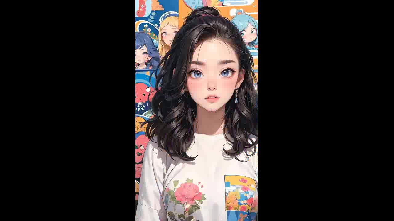 坐在桌边的黑发粉色蝴蝶结动漫女孩卡哇伊写