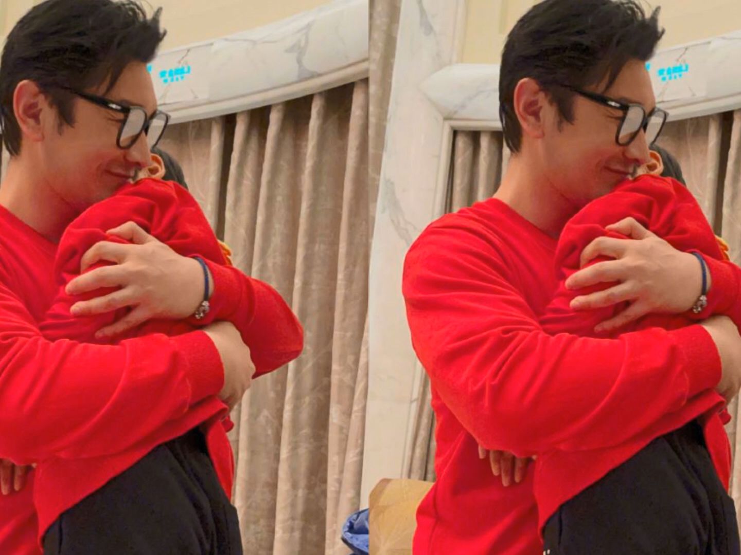 太有爱了!黄晓明晒与小海绵合照,父子俩穿亲子装拥抱画面温馨