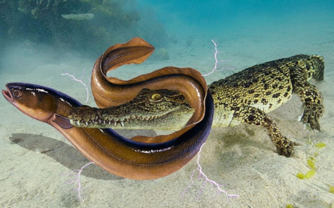 鳄鱼想要捕食电鳗,结果被电鳗电的一哆嗦,镜头拍下全过程!