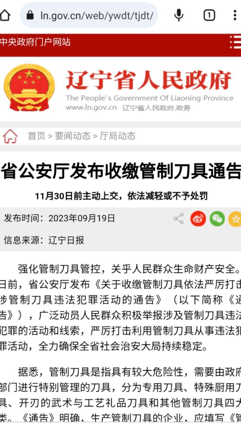 9月19日,辽宁省政府公安厅下发通告,向社会收缴管制刀具,逾期不上缴者将面临依法严惩.哔哩哔哩bilibili