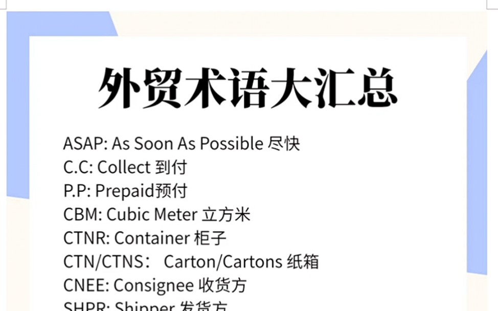 [图]国际贸易外贸常用术语大汇总，外贸新人小白面试工作必备