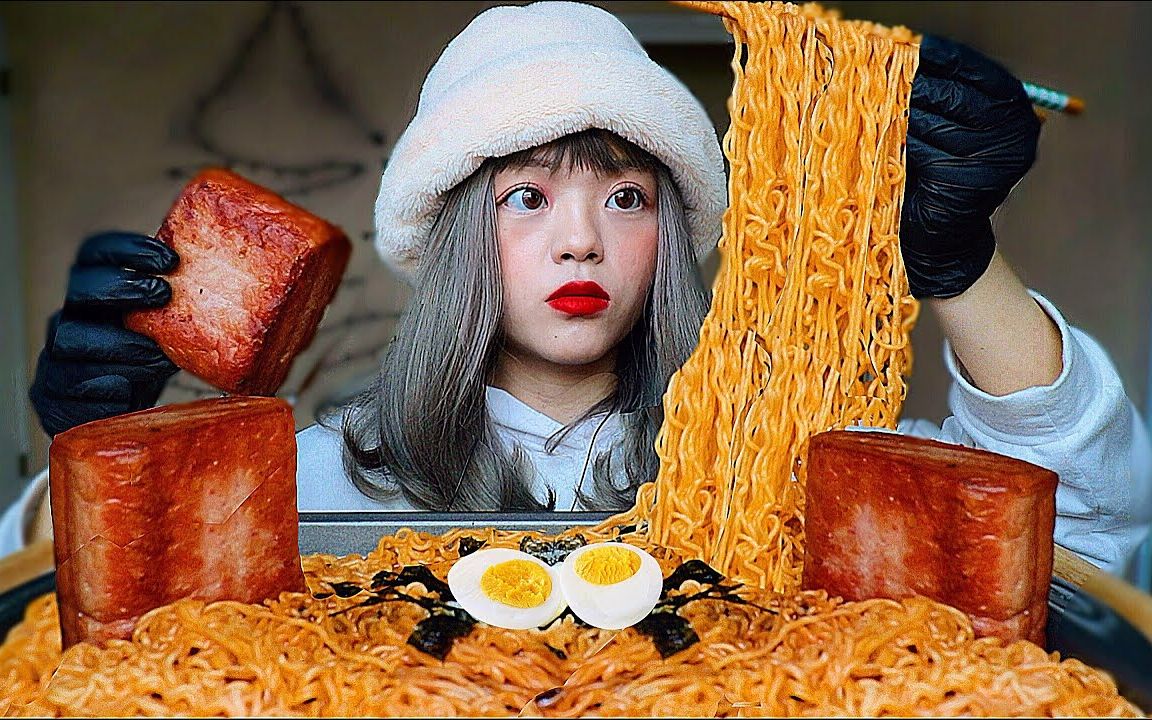 spicy cold korean noodles   giant spam mukbang mukbang