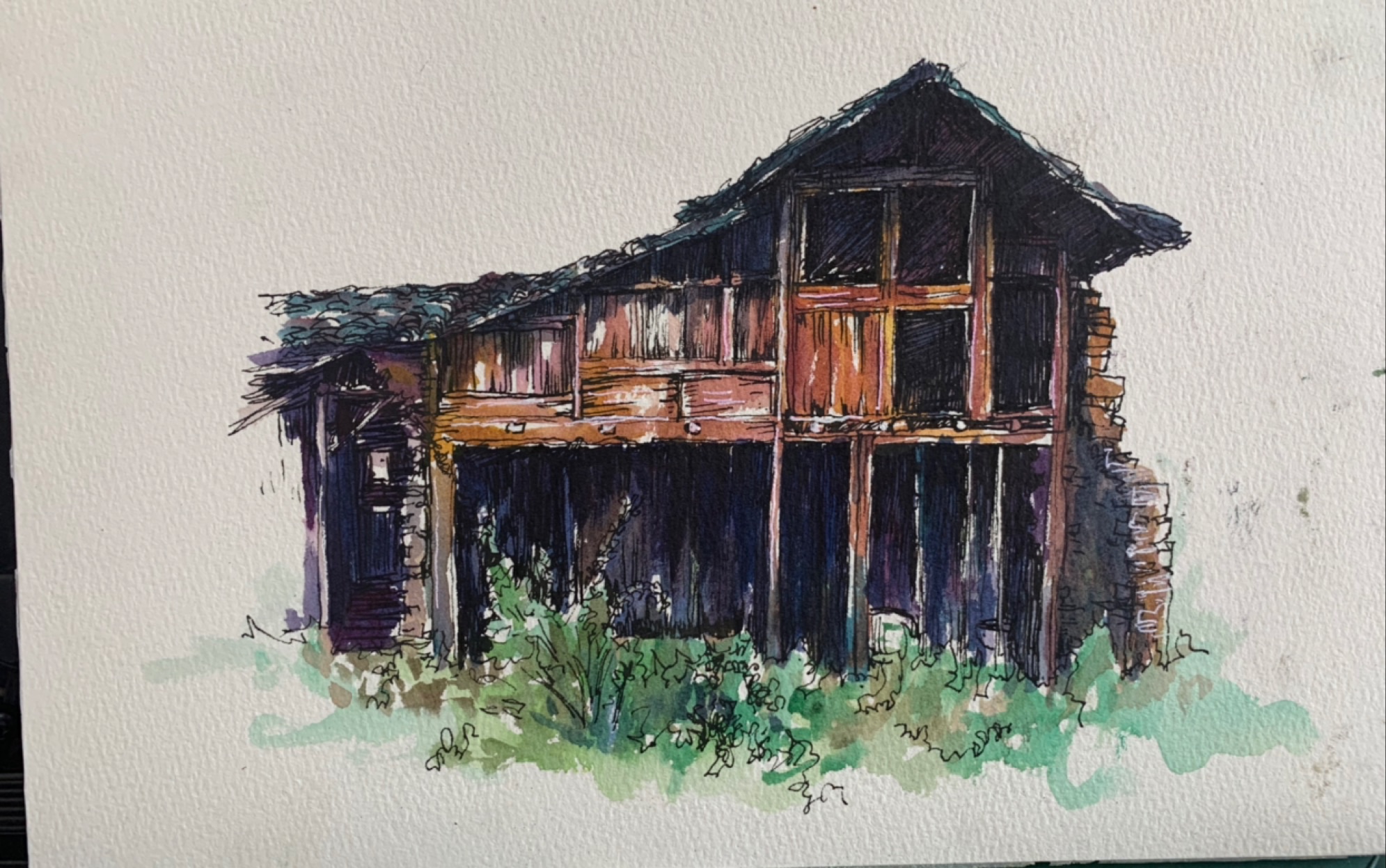 钢笔淡彩风景画