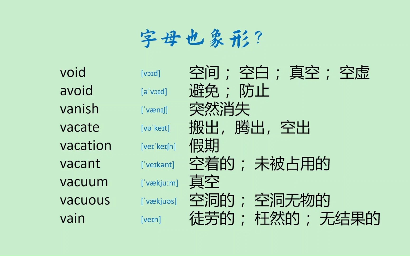 这8个单词都以字母v开头,含义都跟空有关系.