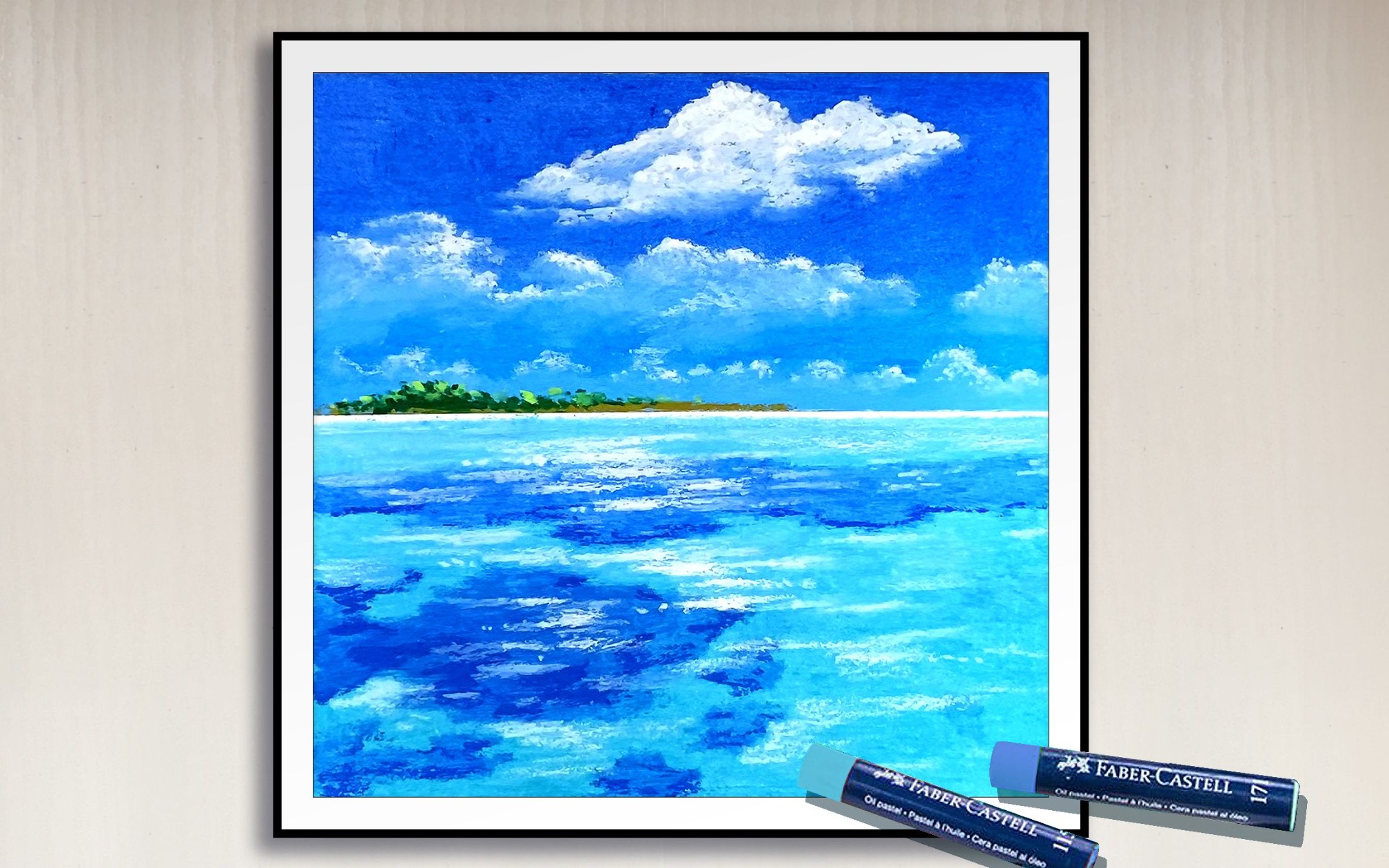 油画棒风景用油画棒画碧海蓝天和小岛风景,完整手绘过程分享哔哩哔哩bilibili