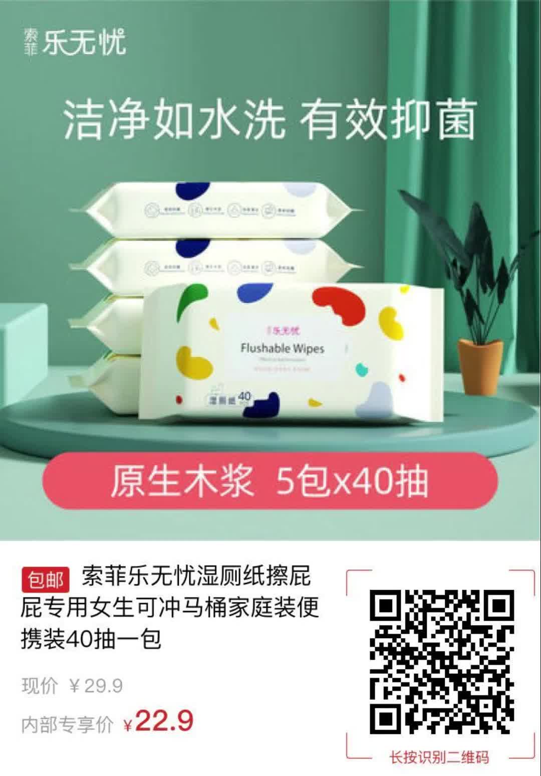索菲乐无忧湿厕纸擦屁屁专用女生可冲马桶家庭装便携装40抽一包6623