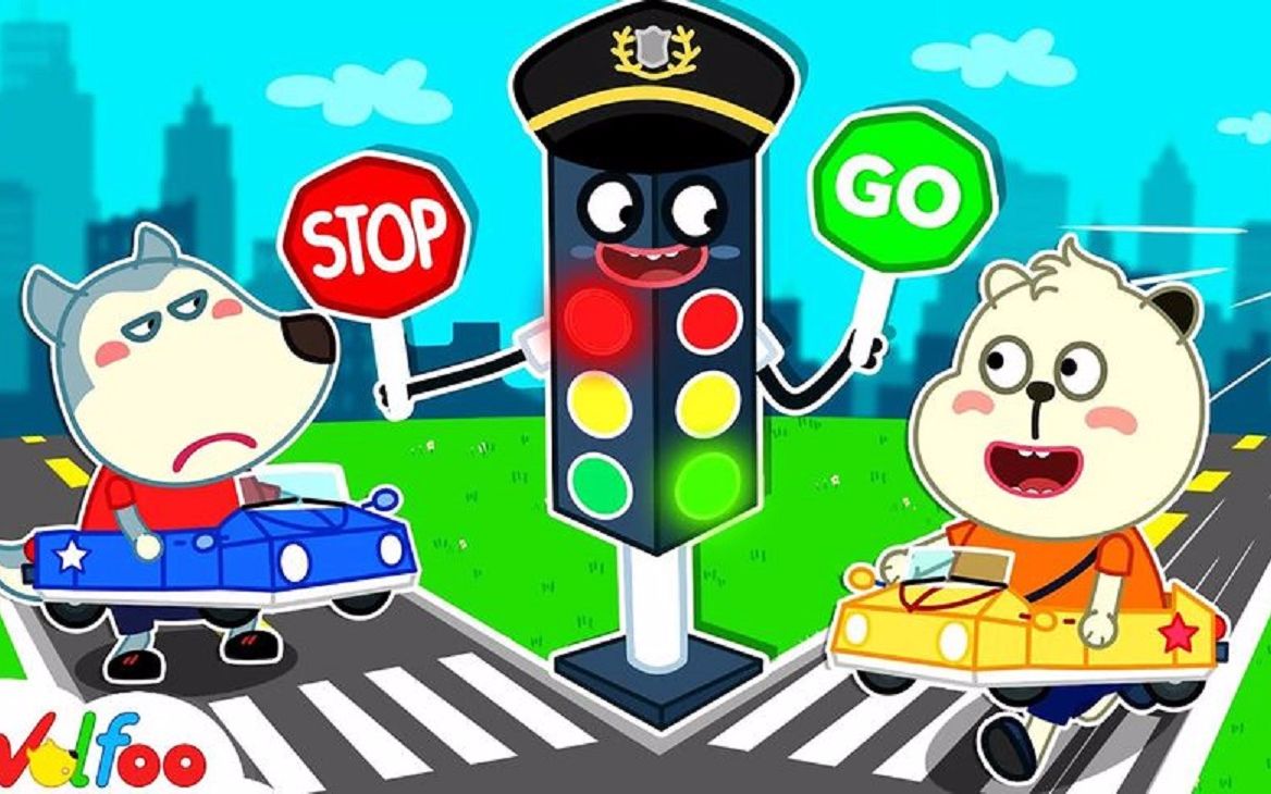 小猪儿童动画:红灯停绿灯行 沃夫和狼爸爸自创交通游戏教小熊学习交通