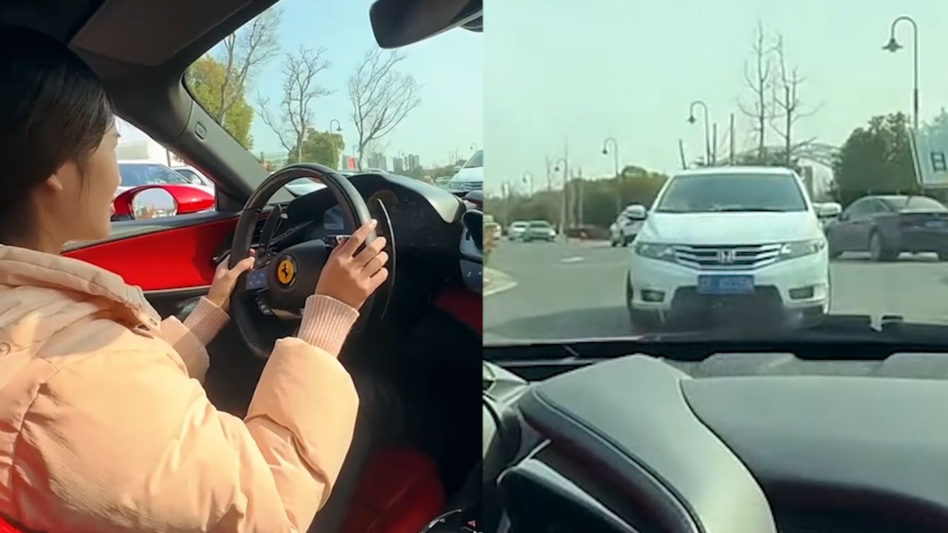 女司机开法拉利遇对面来车,僵持原地吓到不敢动,对方反应笑不活