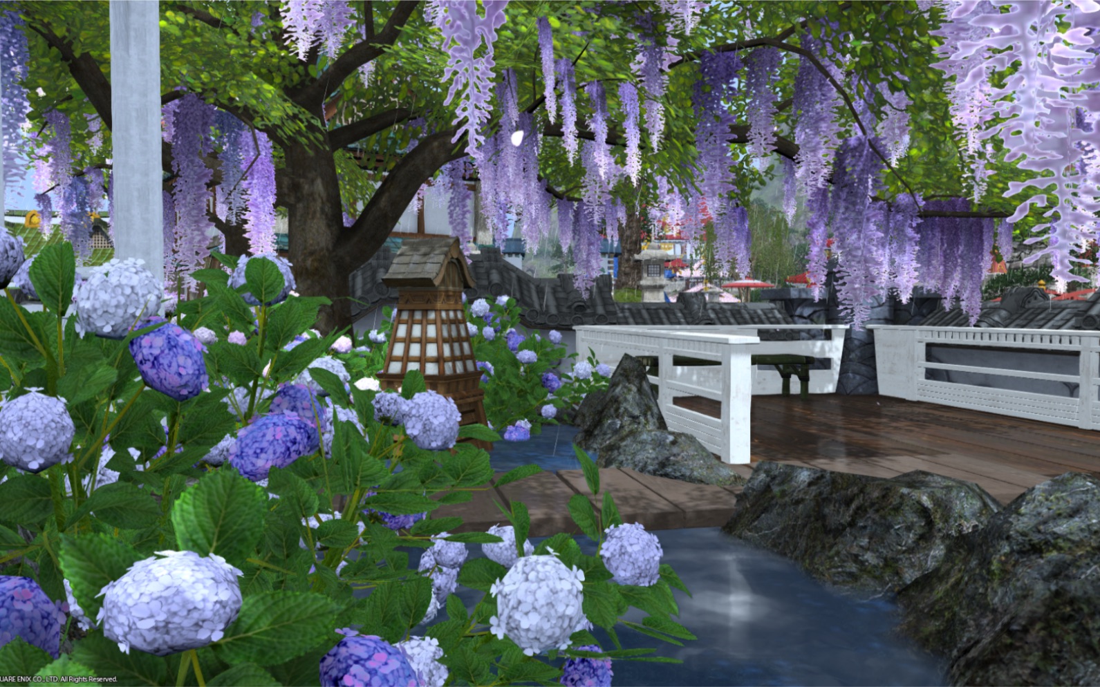 最终幻想xiv ff14 s房装修 紫藤绣球花庭院 和风不封层小屋