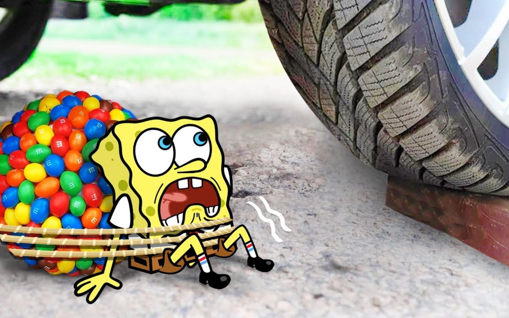 搞笑动画:海绵宝宝吓得瑟瑟发抖,它能否在轮胎底下逃脱呢?