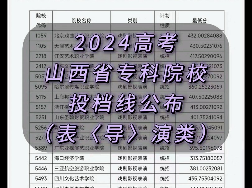 山西省2024年普通高校招生专科(表〈导〉演类)院校投档最低分哔哩哔哩bilibili