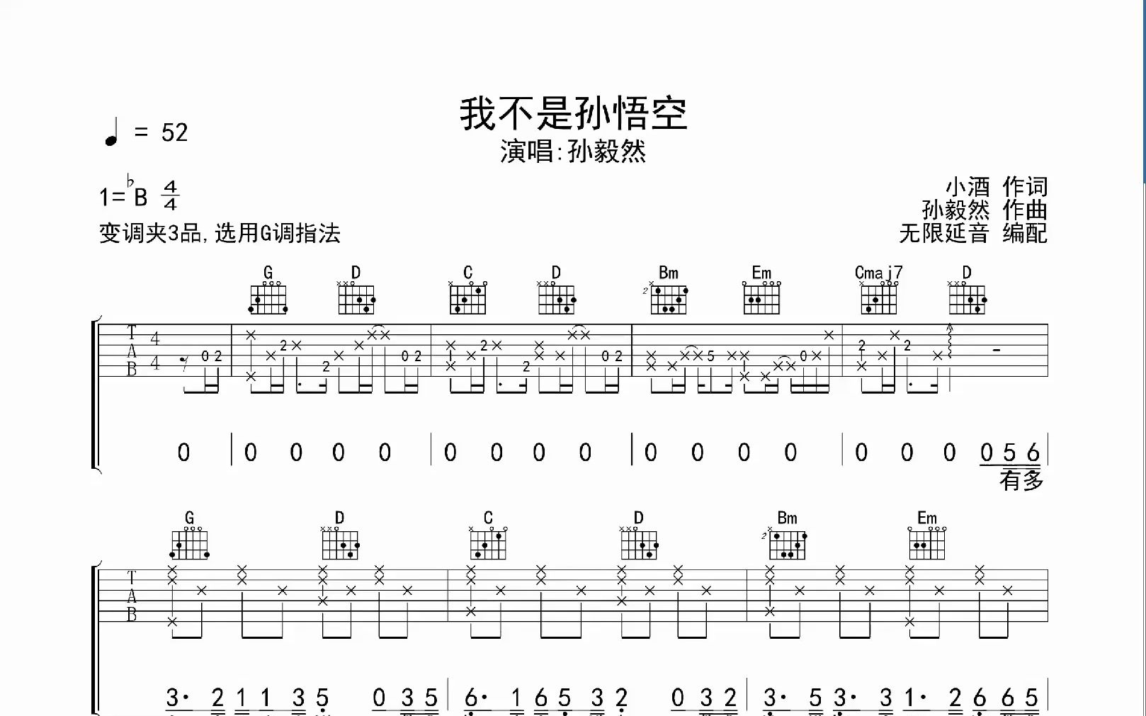 我不是孙悟空 ,吉他谱,动态吉他谱,吉他弹唱谱,无限延音吉他