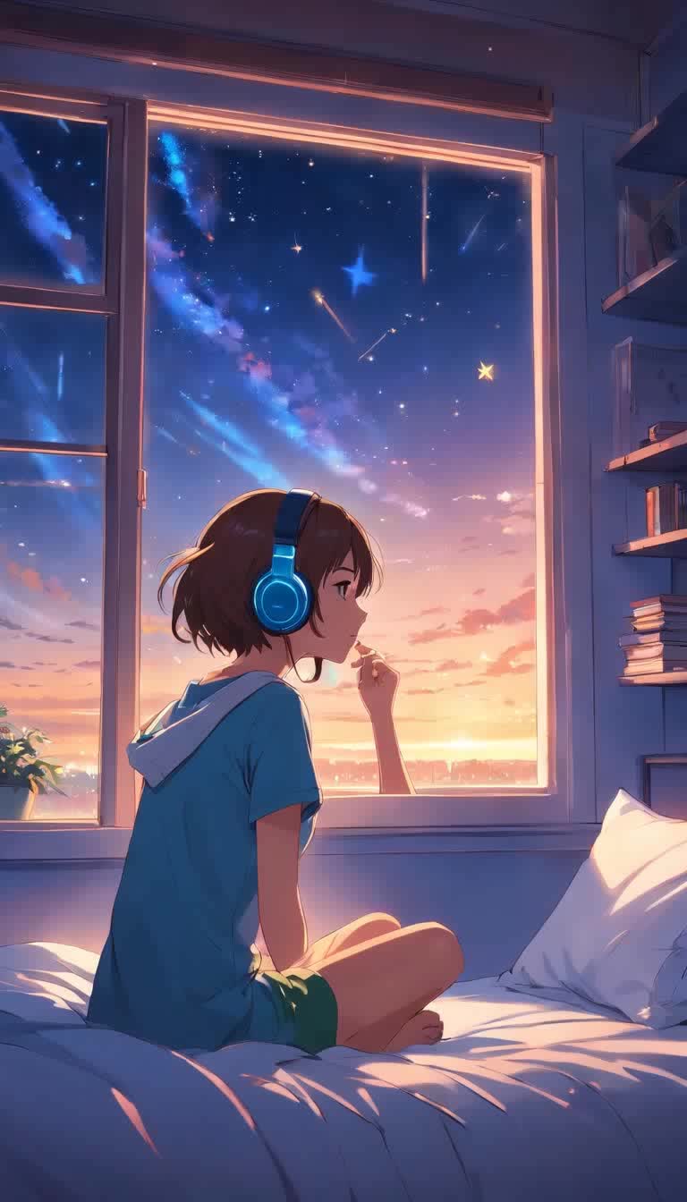 一个女孩在床边的窗户边戴着耳机听音乐夜空