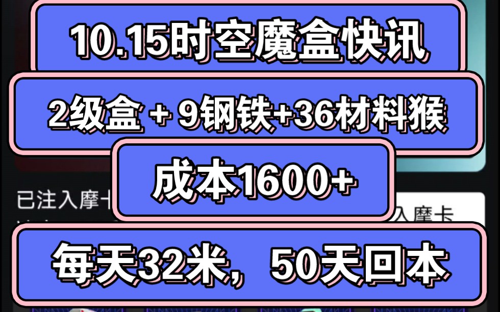 [图]10.15时空魔盒快讯，2级魔盒＋9钢铁＋两柜子材料猴达成，成本大概1600，每天收益32米，无需看广告，预计五十天回本