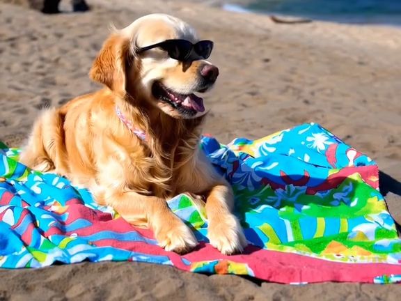 sora视频 - 沙滩上的金毛