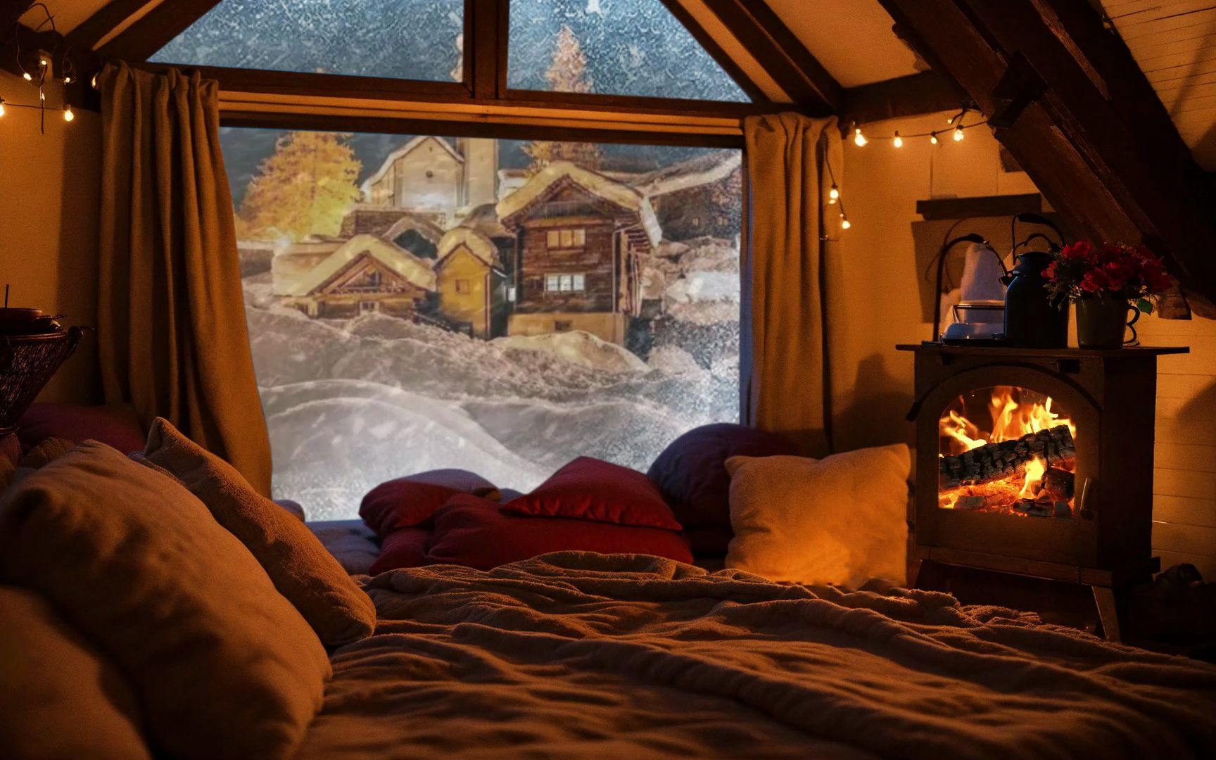 在暴风雪中的宁静小屋,壁炉,风雪声,温暖舒适氛围