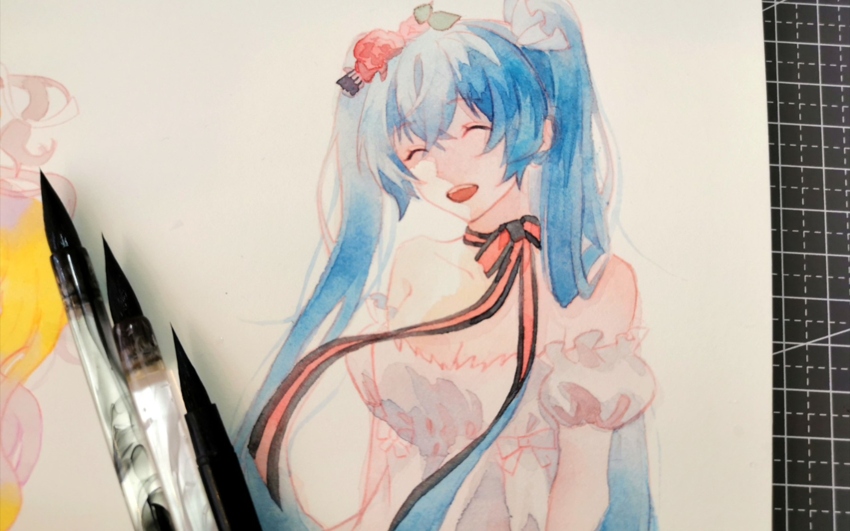 【水彩过程】给朋友的miku线稿上色