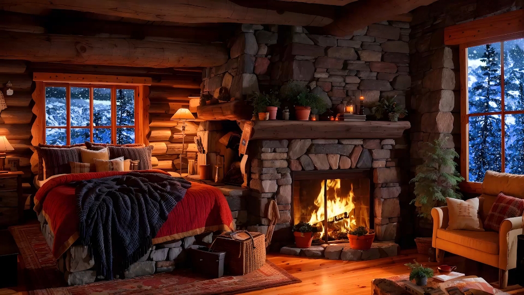 暴风雪温馨石屋氛围寒风凛冽声壁炉噼啪作响声助你深度入睡