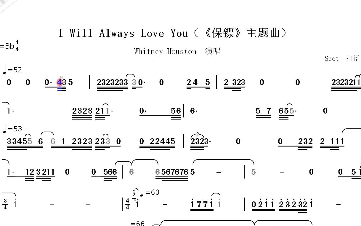 [图]【bB调版】I Will Always Love You_Whitney Houston演唱--动态简谱