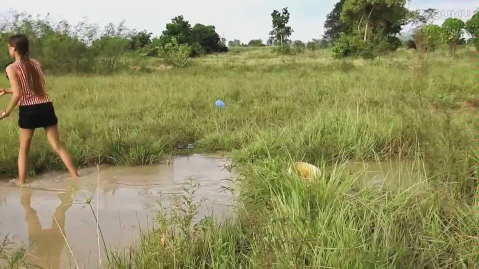 柬埔寨妹子池塘捉鱼其乐融融