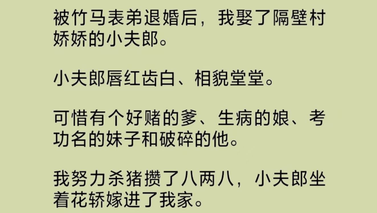 我娶了邻村娇娇的小夫郎.小夫郎唇红齿白、相貌堂堂.可惜有个好赌的爹、生病的娘、考功名的妹子和破碎的他.我努力杀猪攒了八两八,小夫郎坐着花轿...