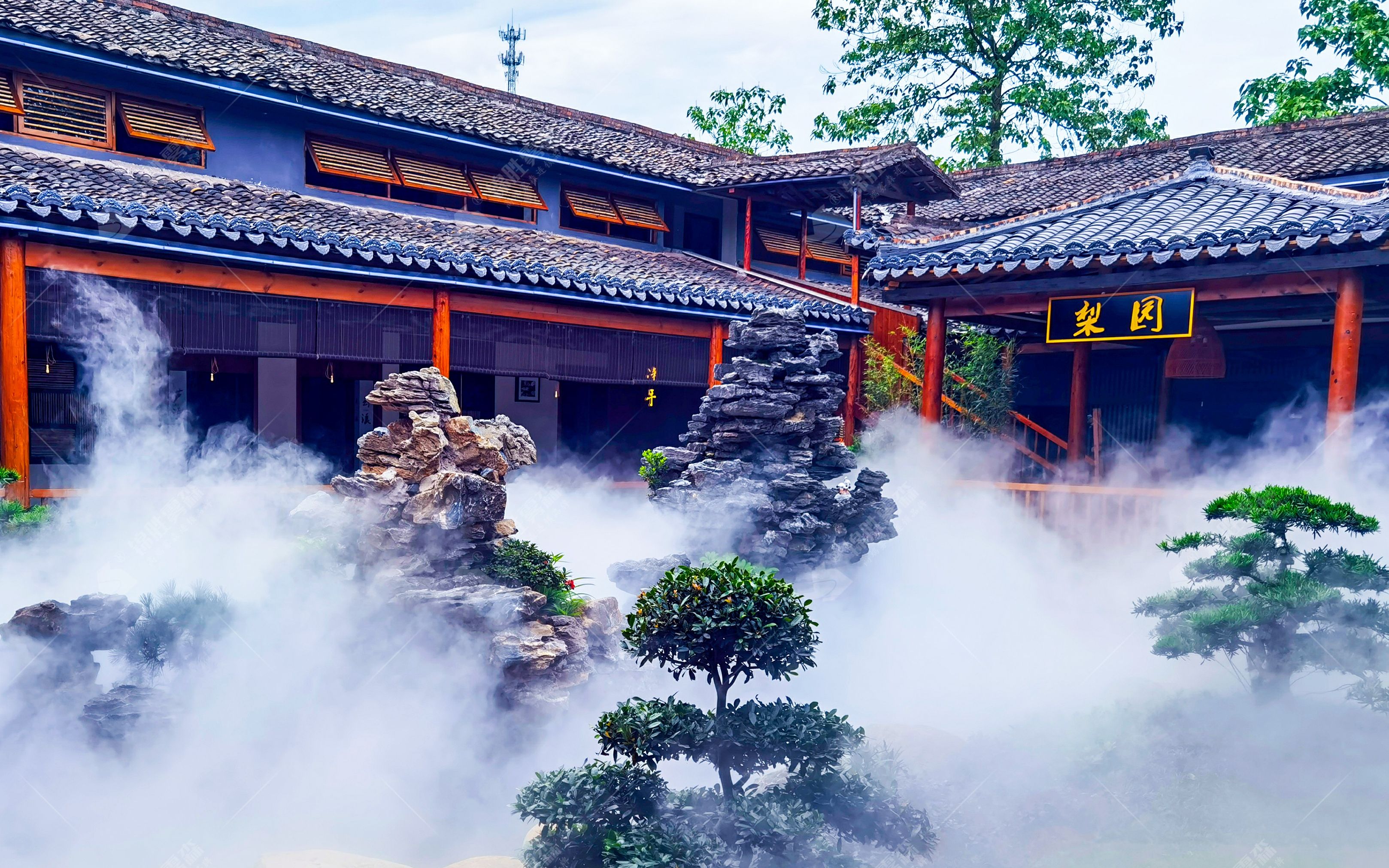 邀您共赏酒店农家乐人造雾景观,山水意境锦胜雾森打