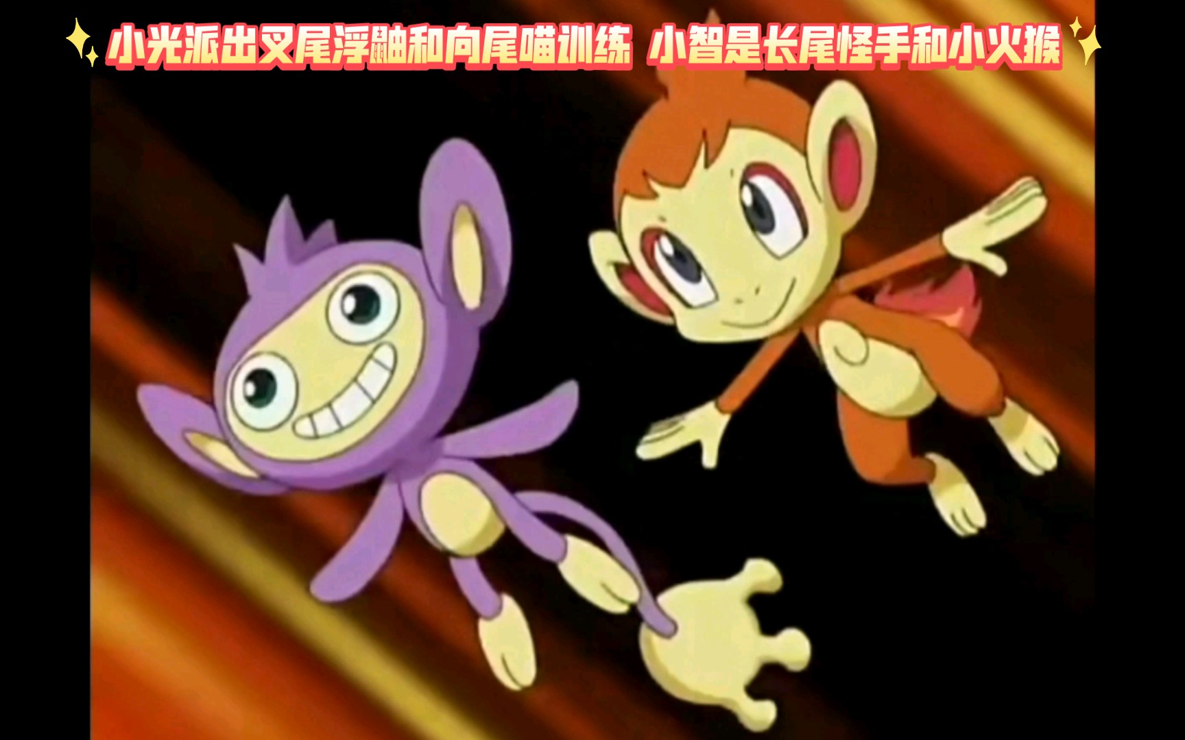 精灵宝可梦 小光派出叉尾浮鼬和向尾喵训练 小智是长尾怪手和小火猴