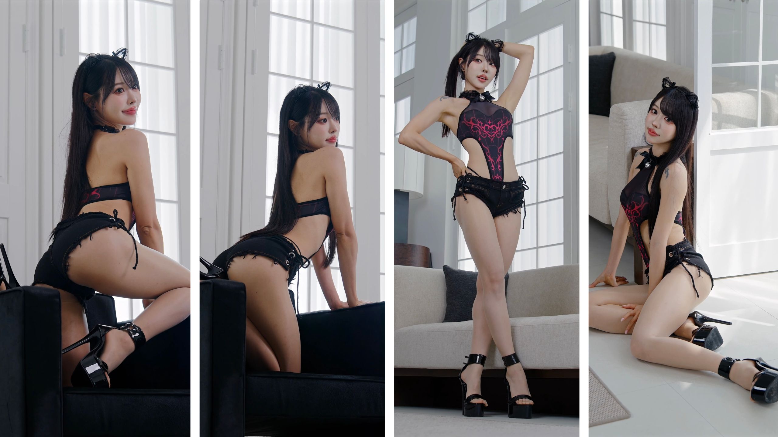 4K会员版｜DAEPAE｜猫耳限定🐱黑红连体衣穿搭又纯又御Sohee轻松拿捏甜酷辣妹风😈