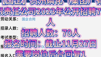 【国企】贵州磷化(集团)有限责任公司2023年公开招聘70人招聘人数:70人报名时间:截止11月27日公告链接:https:/哔哩哔哩bilibili