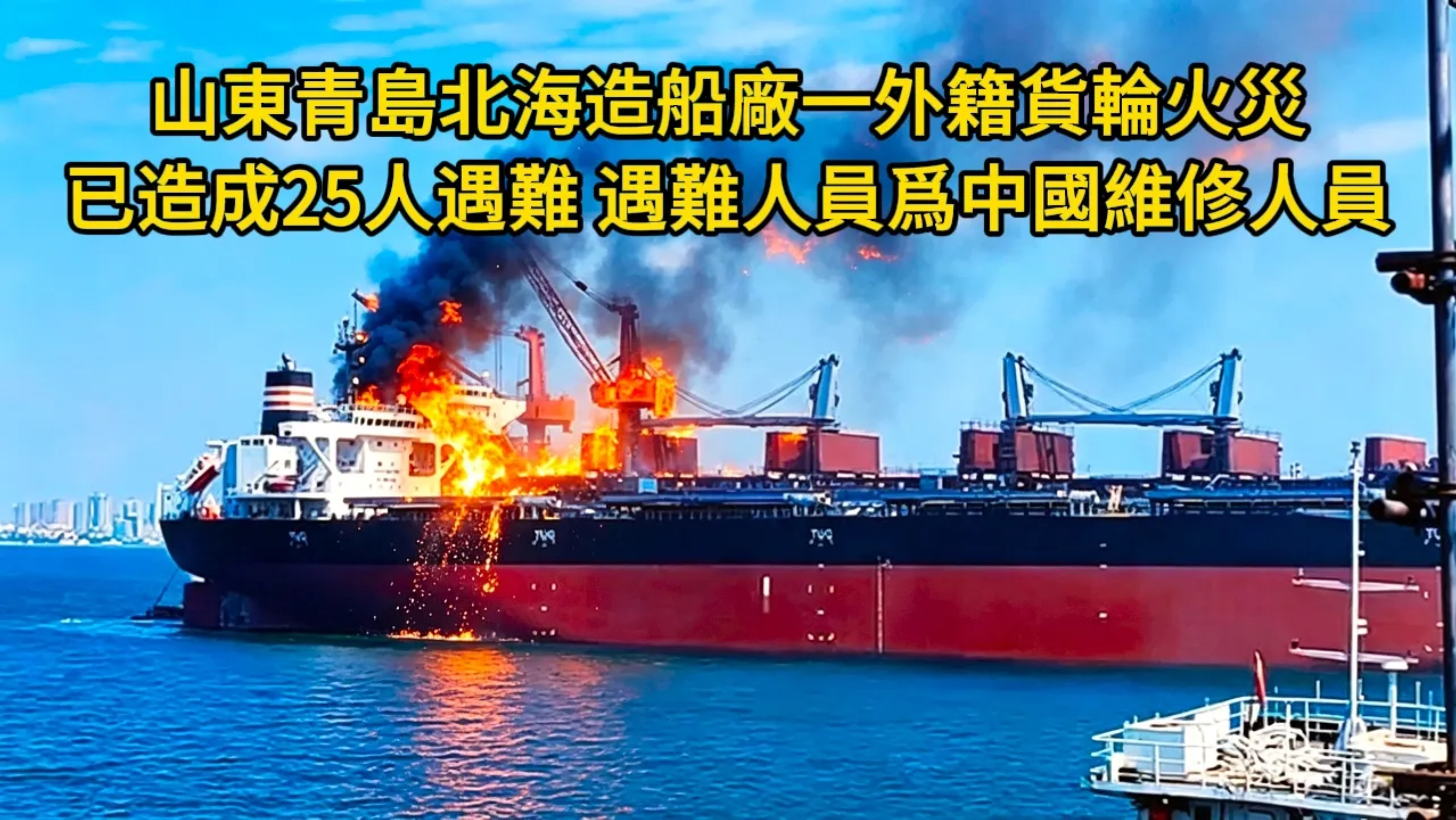 山東青島北海造船廠一外籍貨輪火災，已造成25人遇難，遇難人員爲中國維修人員！遇難者在高溫缺氧中遇難！