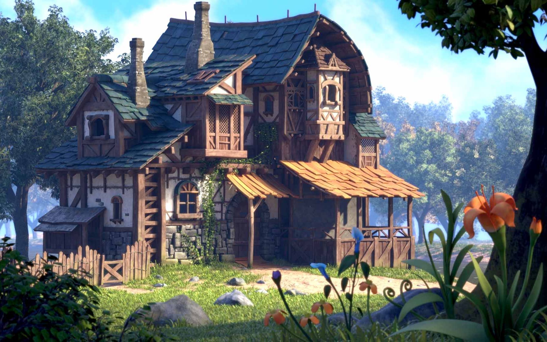 【maya】卡通动漫"森林小屋"场景建模,次世代场景模型布线卡线制作,3d