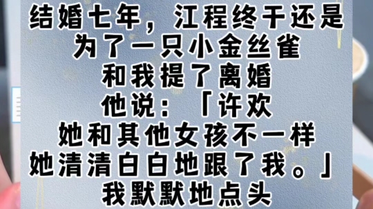 结婚七年,江程终于还是为了一只小金丝雀和我提了离婚.他说:「许欢,她和其他女孩不一样,她清清白白地跟了我.」我默默地点头.强忍住内心激动的...