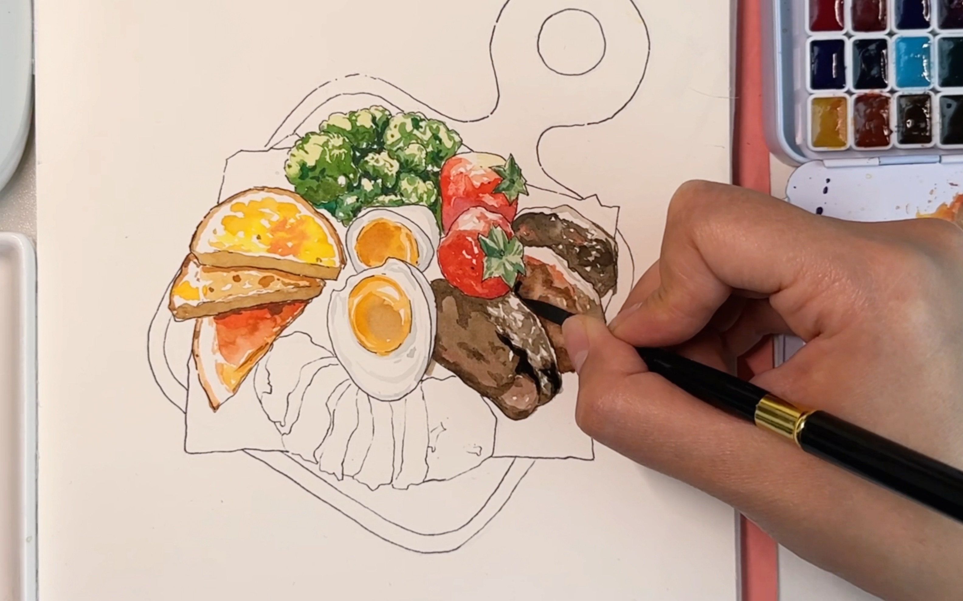 【手绘钢笔淡彩】治愈系美食,日系美食,绘画完整过程.